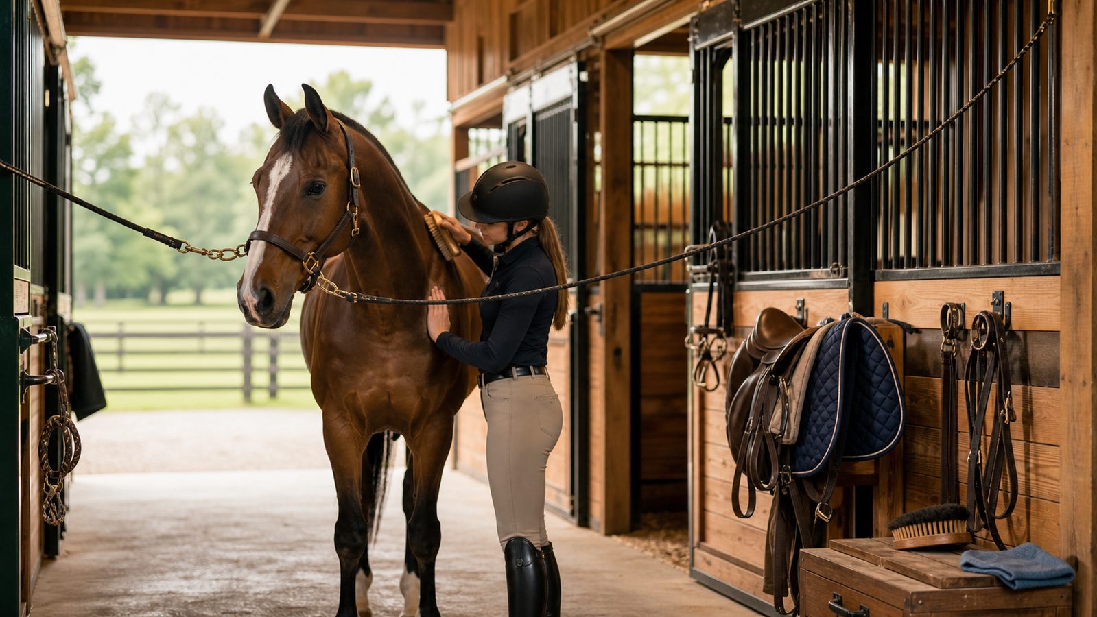 A calm horse being cared for in a clean barn aisle