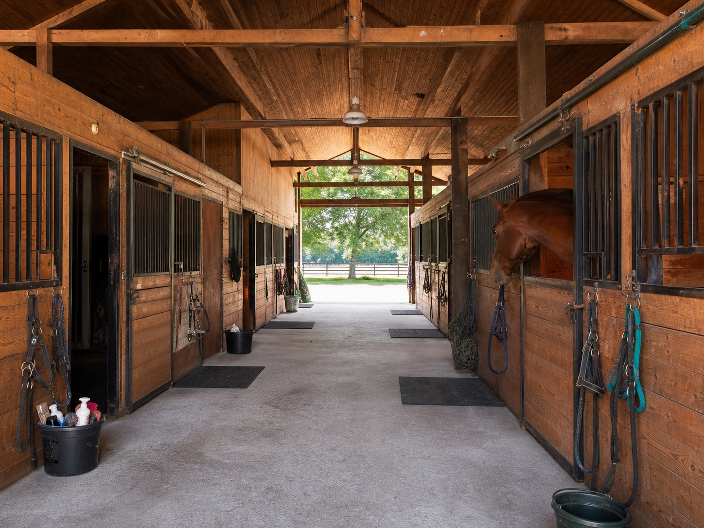 Illustrative view down the aisle of a working horse barn