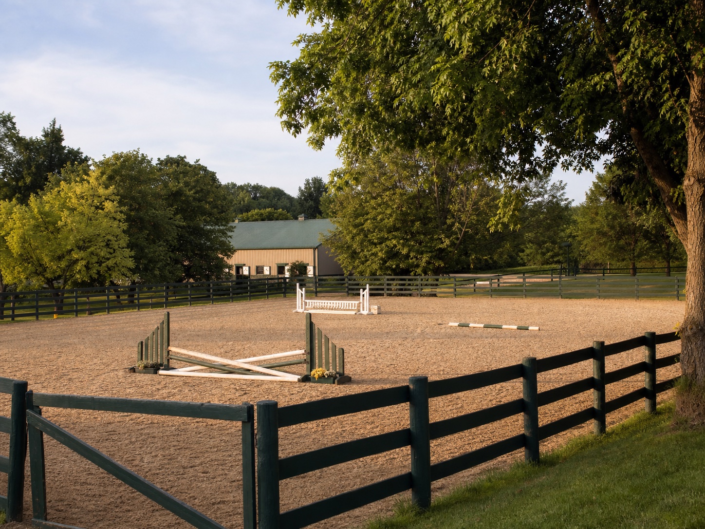 Illustrative view of a fenced outdoor riding arena with mature trees