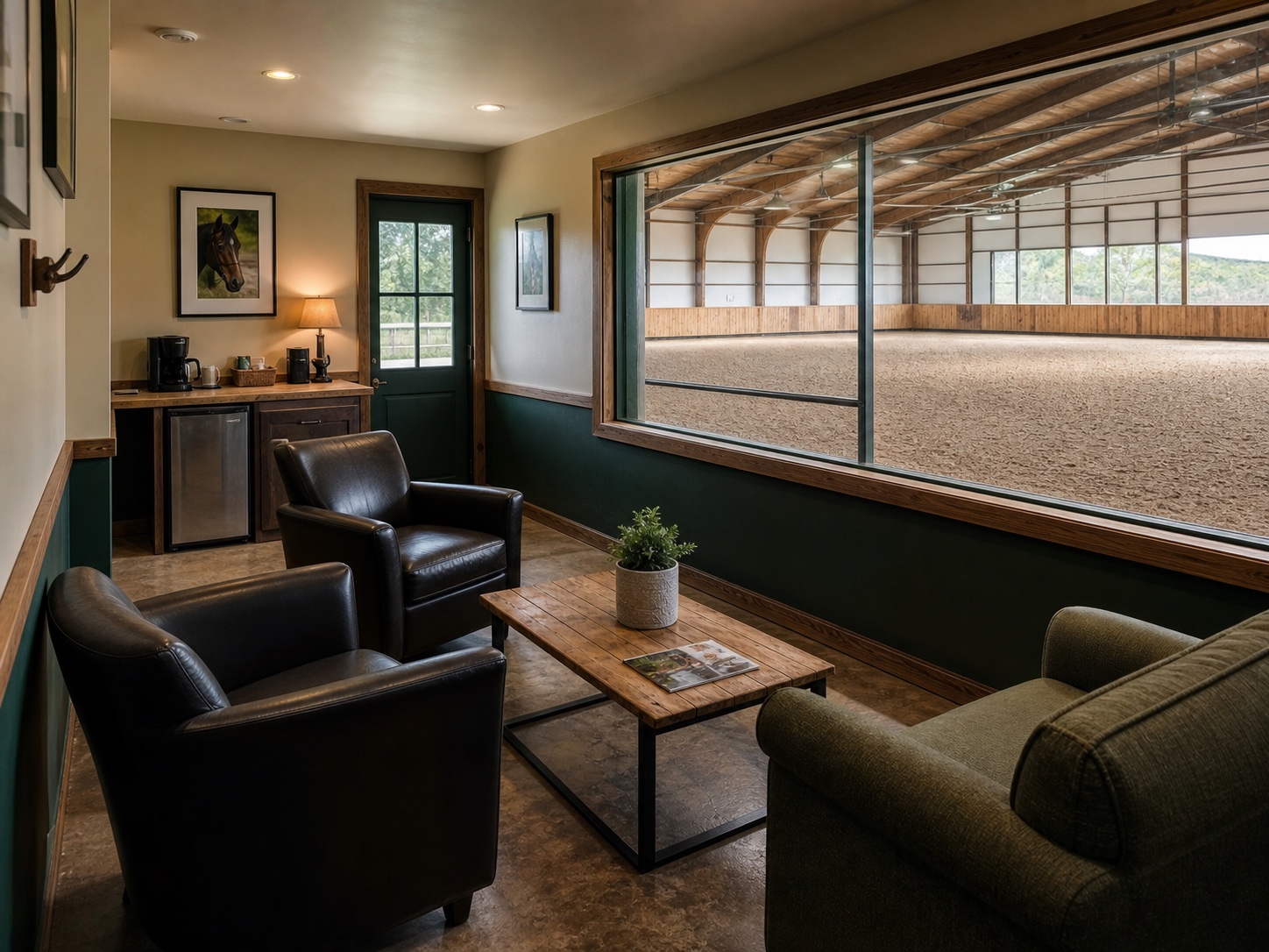 Illustrative view of a rider lounge overlooking an indoor ring
