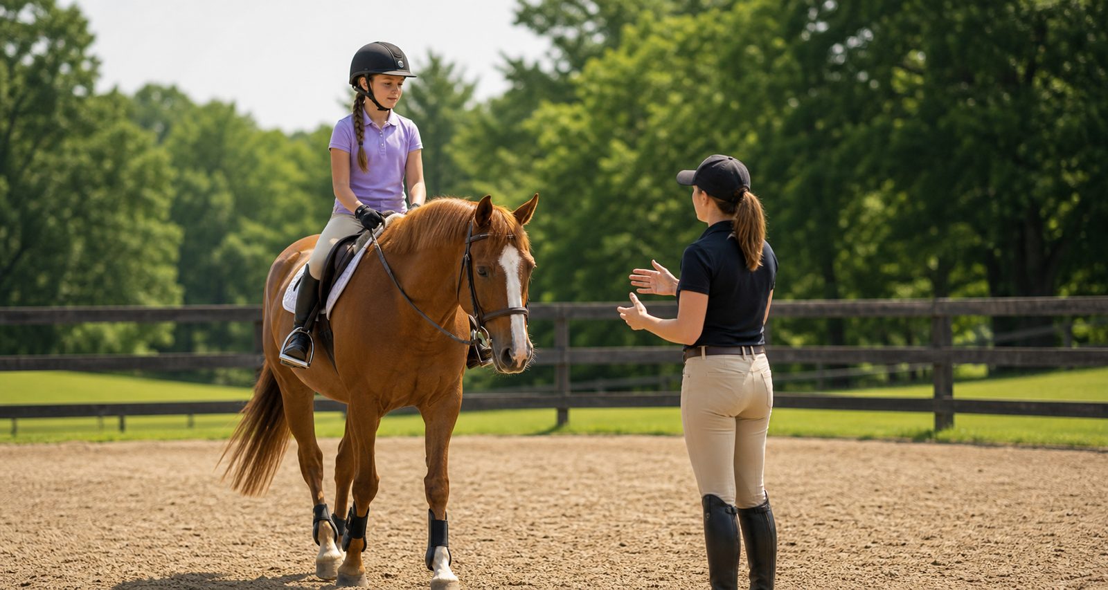 A helmeted young rider taking a riding lesson in an outdoor arena